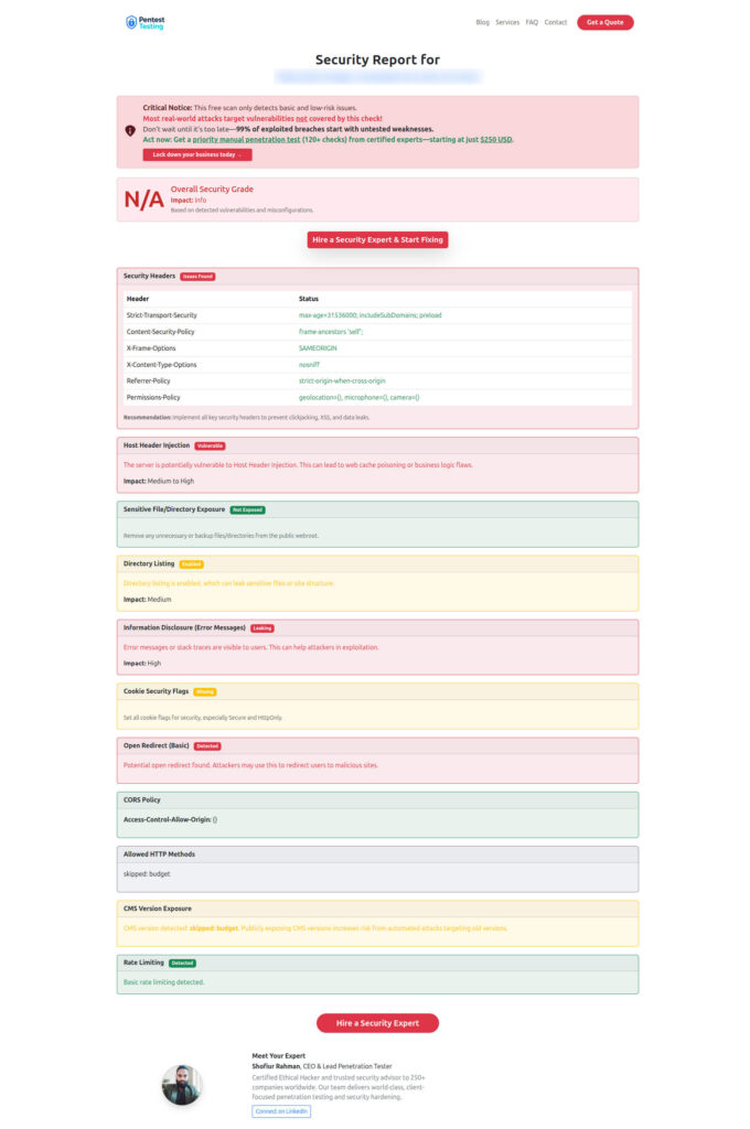 An example of a vulnerability assessment report generated with our free tool provides insights into possible vulnerabilities.