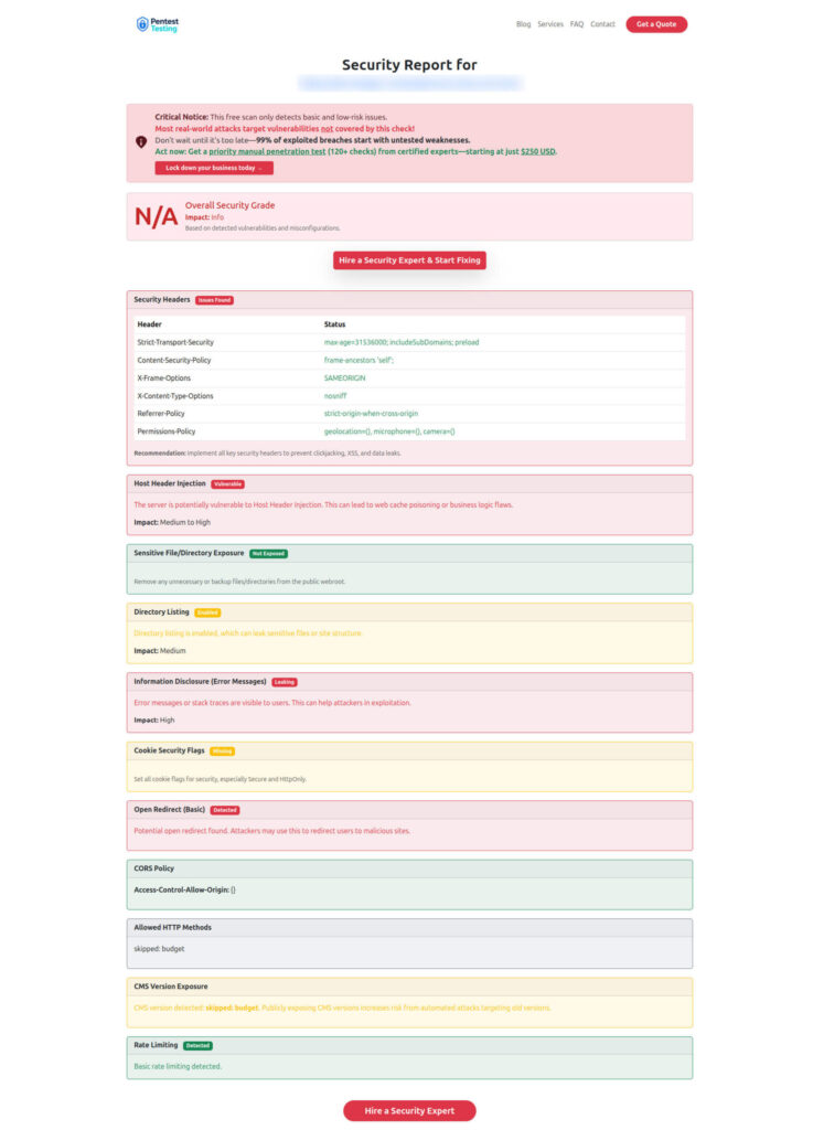 An example of a vulnerability assessment report generated with our free tool provides insights into possible vulnerabilities.