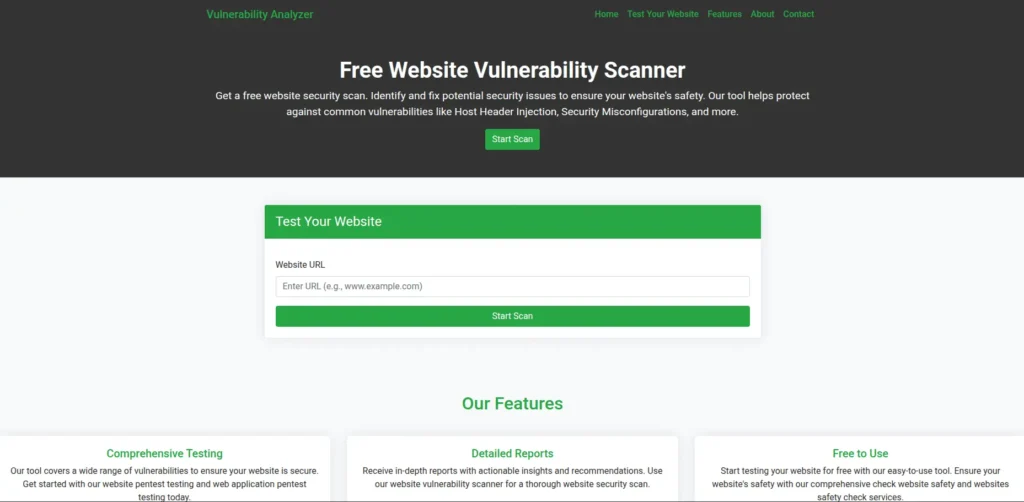 Screenshot of the free tools webpage where you can access security assessment tools for different vulnerability detection.